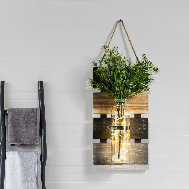 Dark Green/Light Green/Yellow Plant Wall Light Rustic String Light with Wooden Backplate Clearhalo 'Wall Lamps & Sconces' 'Wall Lights' Lighting' 616727