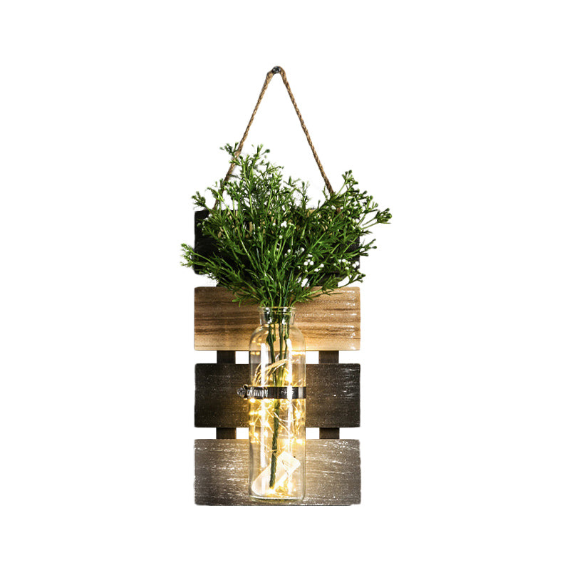 Dark Green/Light Green/Yellow Plant Wall Light Rustic String Light with Wooden Backplate Clearhalo 'Wall Lamps & Sconces' 'Wall Lights' Lighting' 616728