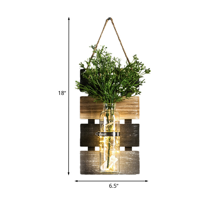 Dark Green/Light Green/Yellow Plant Wall Light Rustic String Light with Wooden Backplate Clearhalo 'Wall Lamps & Sconces' 'Wall Lights' Lighting' 616729