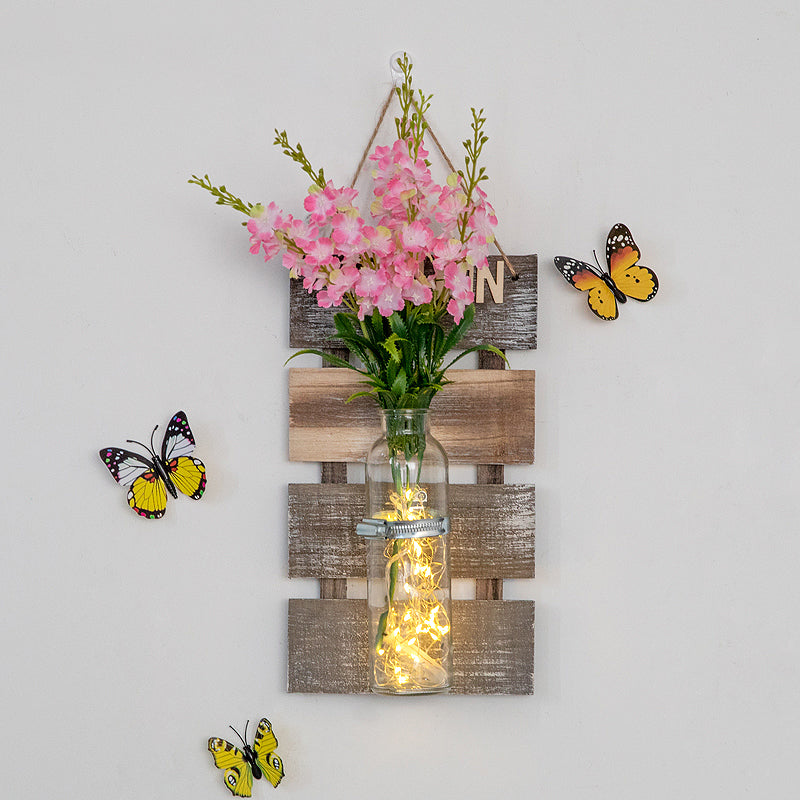 Pink/Pink-Yellow Flower Wall Sconce for Cafe Clear Glass Bottle String Light in Contemporary Style Pink Clearhalo 'Wall Lamps & Sconces' 'Wall Lights' Lighting' 616750