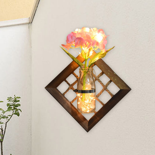 Pink Flower Accent Wall Light Asian Style Clear Glass String Light with Wood Backplate Clearhalo 'Wall Lamps & Sconces' 'Wall Lights' Lighting' 616757