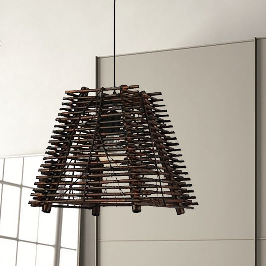 Country Trapezoid Hanging Light Thin/Thick Bamboo Single Light Dining Room Pendant Light in Brown Brown A Clearhalo 'Ceiling Lights' 'Modern Pendants' 'Modern' 'Pendant Lights' 'Pendants' Lighting' 616770