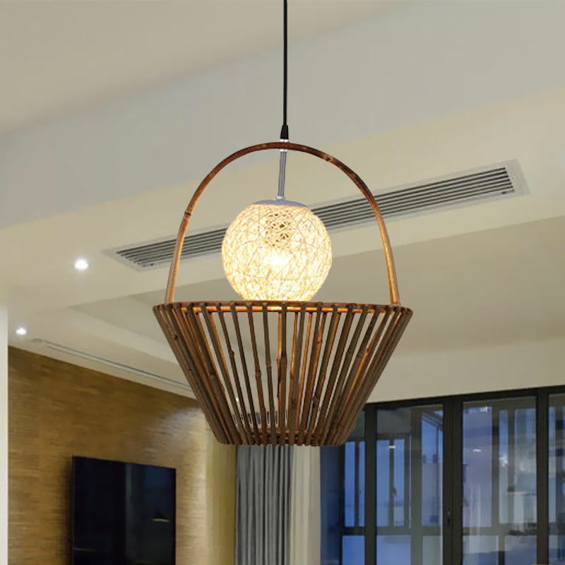 Country Basket/Roof Shaped Ceiling Pendant Light Bamboo 1/2 Lights Restaurant Hanging Light Fixture in Brown Clearhalo 'Ceiling Lights' 'Modern Pendants' 'Modern' 'Pendant Lights' 'Pendants' Lighting' 616787