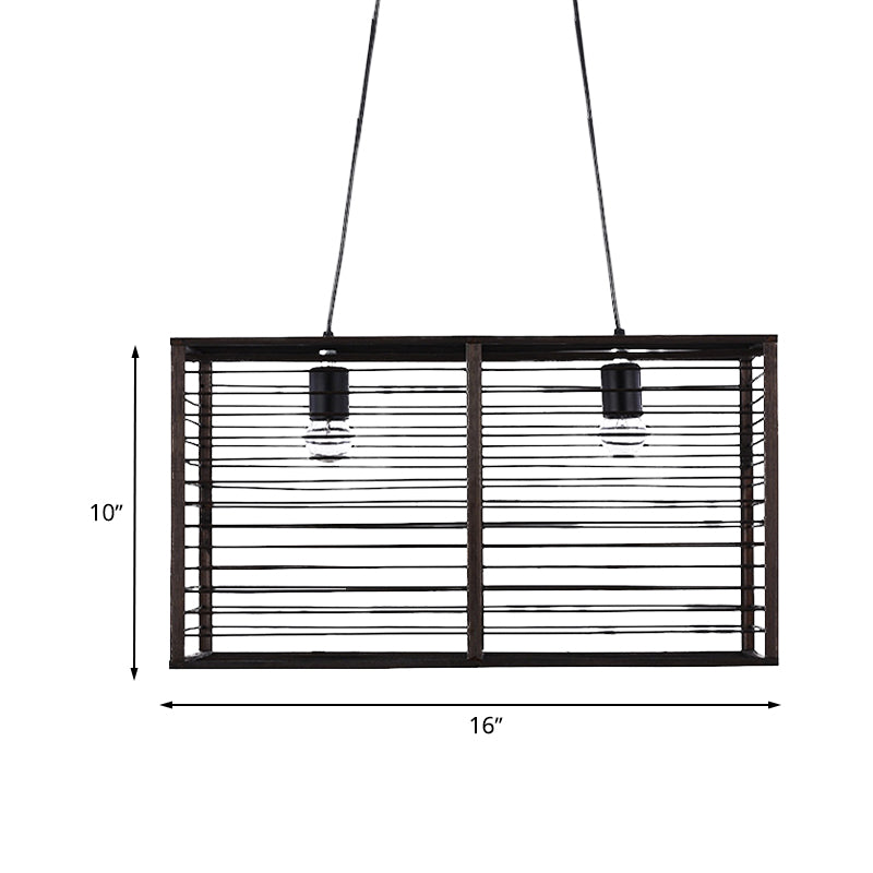 Black Rectangle Cage Island Lighting Modern Style 16"/19.5" W 2-Light Bamboo Suspension Lamp for Restaurant Clearhalo 'Ceiling Lights' 'Island Lights' Lighting' 616804