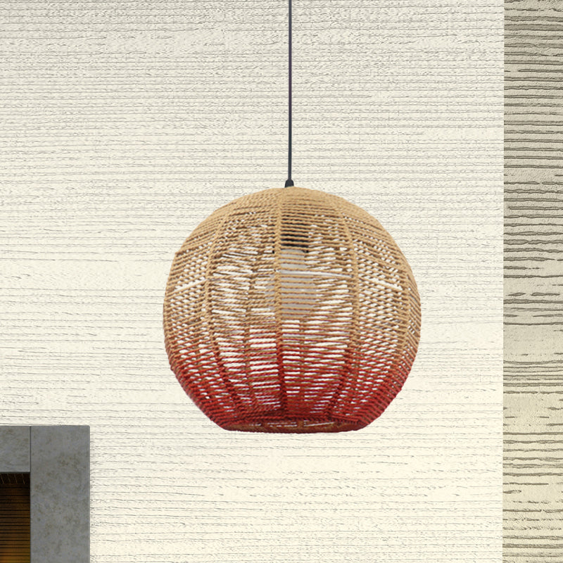 Globe/Elliptical/Barrel/Dome Pendant Lamp Chinese Straw Rope 1 Bulb Red/Blue Hanging Light for Bedroom Restaurant Clearhalo 'Ceiling Lights' 'Pendant Lights' 'Pendants' Lighting' 616821