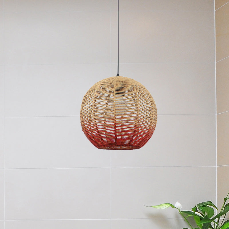 Globe/Elliptical/Barrel/Dome Pendant Lamp Chinese Straw Rope 1 Bulb Red/Blue Hanging Light for Bedroom Restaurant Clearhalo 'Ceiling Lights' 'Pendant Lights' 'Pendants' Lighting' 616822