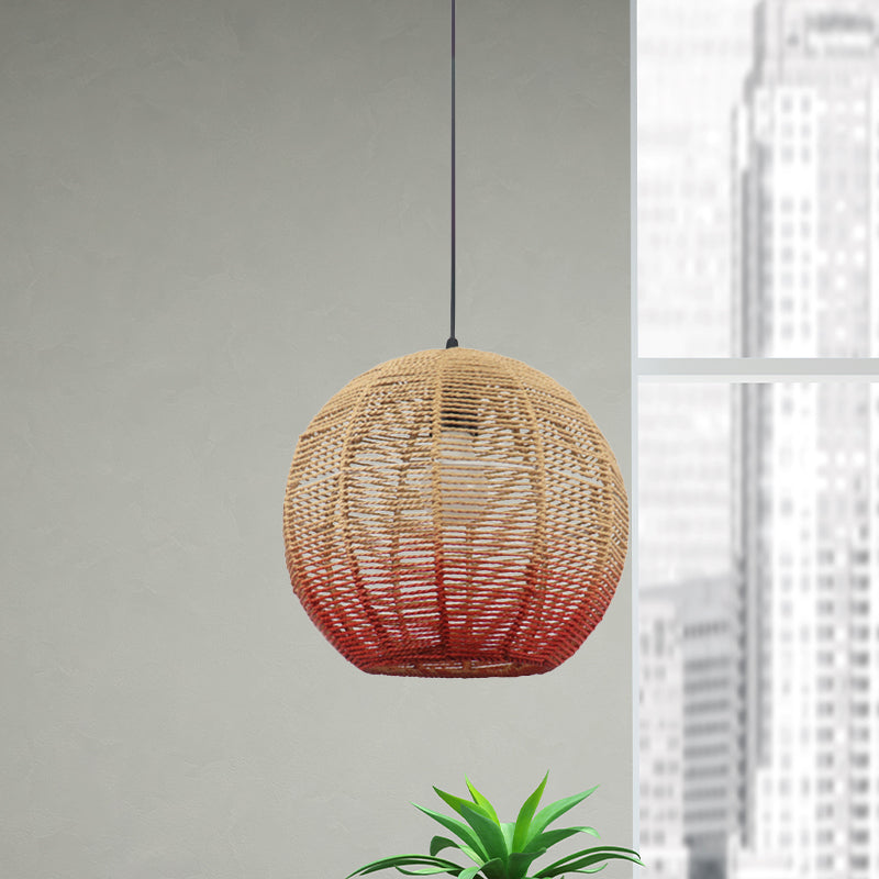 Globe/Elliptical/Barrel/Dome Pendant Lamp Chinese Straw Rope 1 Bulb Red/Blue Hanging Light for Bedroom Restaurant Clearhalo 'Ceiling Lights' 'Pendant Lights' 'Pendants' Lighting' 616823