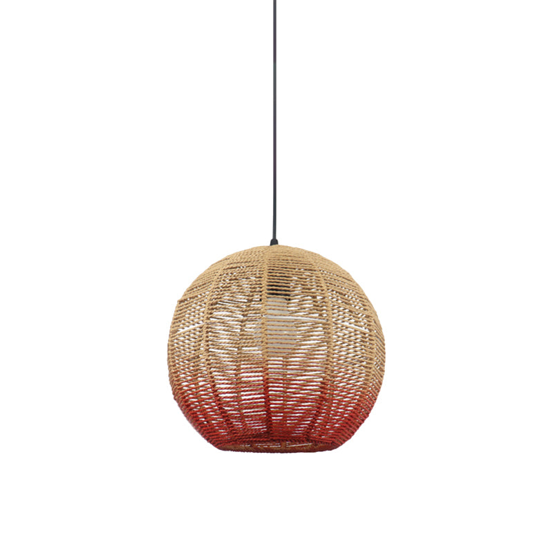 Globe/Elliptical/Barrel/Dome Pendant Lamp Chinese Straw Rope 1 Bulb Red/Blue Hanging Light for Bedroom Restaurant Clearhalo 'Ceiling Lights' 'Pendant Lights' 'Pendants' Lighting' 616824