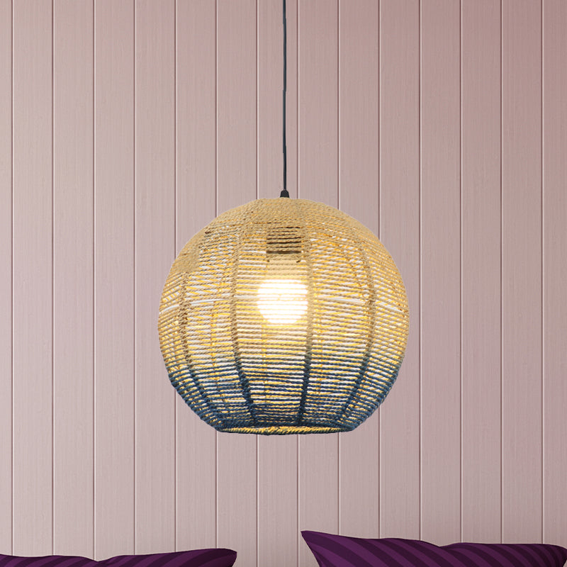 Globe/Elliptical/Barrel/Dome Pendant Lamp Chinese Straw Rope 1 Bulb Red/Blue Hanging Light for Bedroom Restaurant Clearhalo 'Ceiling Lights' 'Pendant Lights' 'Pendants' Lighting' 616826