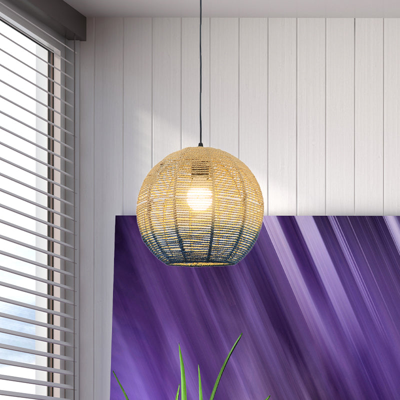 Globe/Elliptical/Barrel/Dome Pendant Lamp Chinese Straw Rope 1 Bulb Red/Blue Hanging Light for Bedroom Restaurant Clearhalo 'Ceiling Lights' 'Pendant Lights' 'Pendants' Lighting' 616828