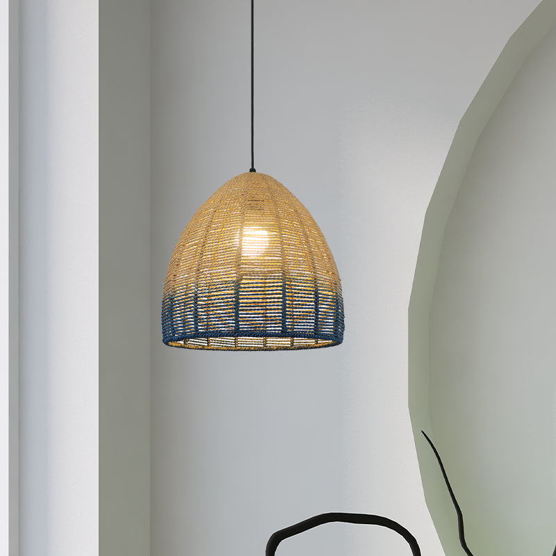 Globe/Elliptical/Barrel/Dome Pendant Lamp Chinese Straw Rope 1 Bulb Red/Blue Hanging Light for Bedroom Restaurant Clearhalo 'Ceiling Lights' 'Pendant Lights' 'Pendants' Lighting' 616831