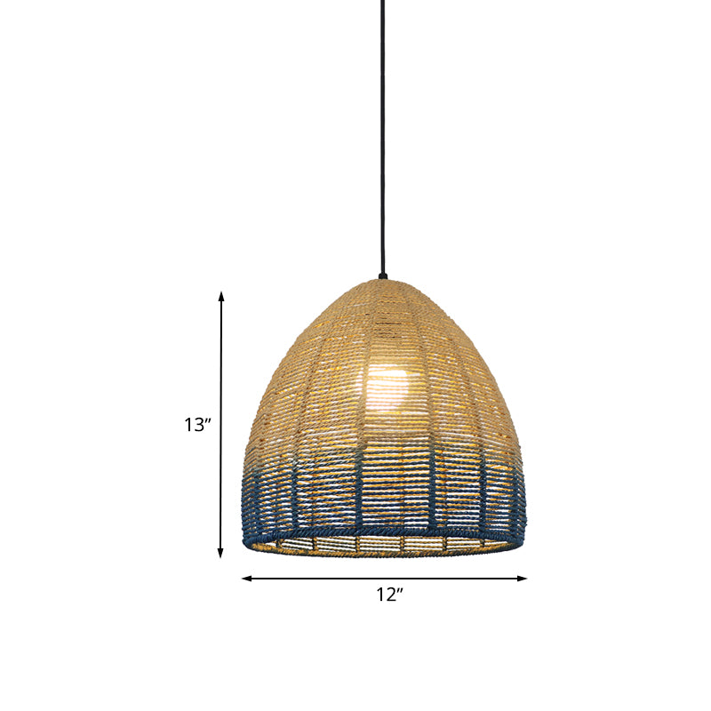 Globe/Elliptical/Barrel/Dome Pendant Lamp Chinese Straw Rope 1 Bulb Red/Blue Hanging Light for Bedroom Restaurant Clearhalo 'Ceiling Lights' 'Pendant Lights' 'Pendants' Lighting' 616834