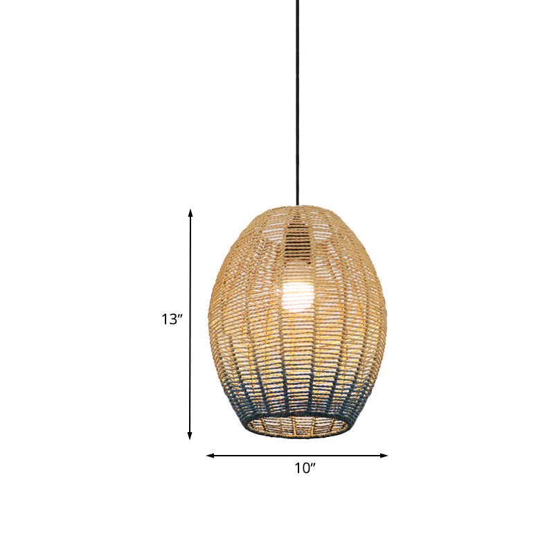 Globe/Elliptical/Barrel/Dome Pendant Lamp Chinese Straw Rope 1 Bulb Red/Blue Hanging Light for Bedroom Restaurant Clearhalo 'Ceiling Lights' 'Pendant Lights' 'Pendants' Lighting' 616839