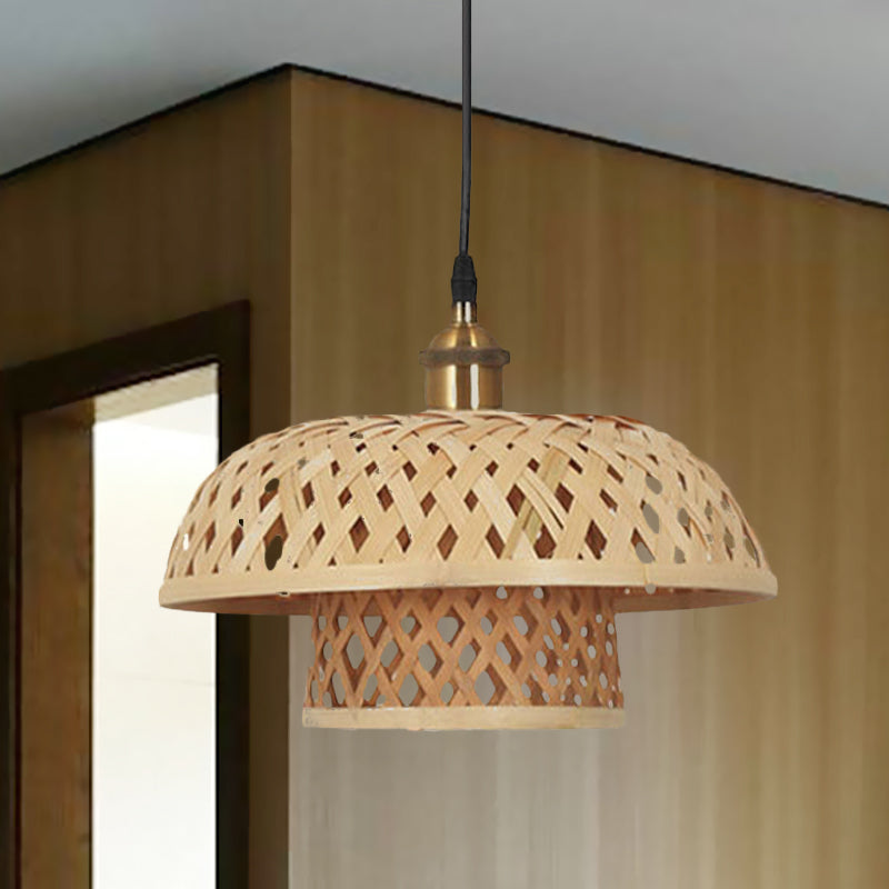 Hand-Worked Bamboo Hanging Light Modern 1 Head Beige Pendant Lamp with Barrel/Dome Shade for Coffee Shop Clearhalo 'Ceiling Lights' 'Pendant Lights' 'Pendants' Lighting' 616877