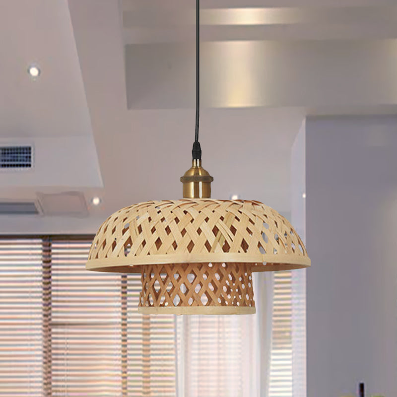 Hand-Worked Bamboo Hanging Light Modern 1 Head Beige Pendant Lamp with Barrel/Dome Shade for Coffee Shop Clearhalo 'Ceiling Lights' 'Pendant Lights' 'Pendants' Lighting' 616879