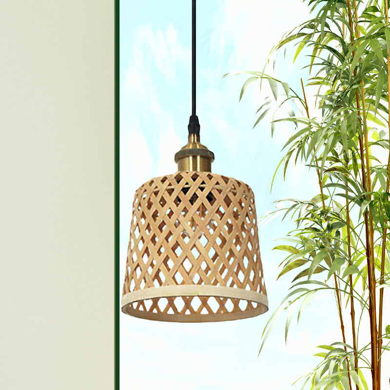 Hand-Worked Bamboo Hanging Light Modern 1 Head Beige Pendant Lamp with Barrel/Dome Shade for Coffee Shop Beige Barrel Clearhalo 'Ceiling Lights' 'Pendant Lights' 'Pendants' Lighting' 616887_4776ee77-4a26-4f4e-9fca-083fef60c7ee