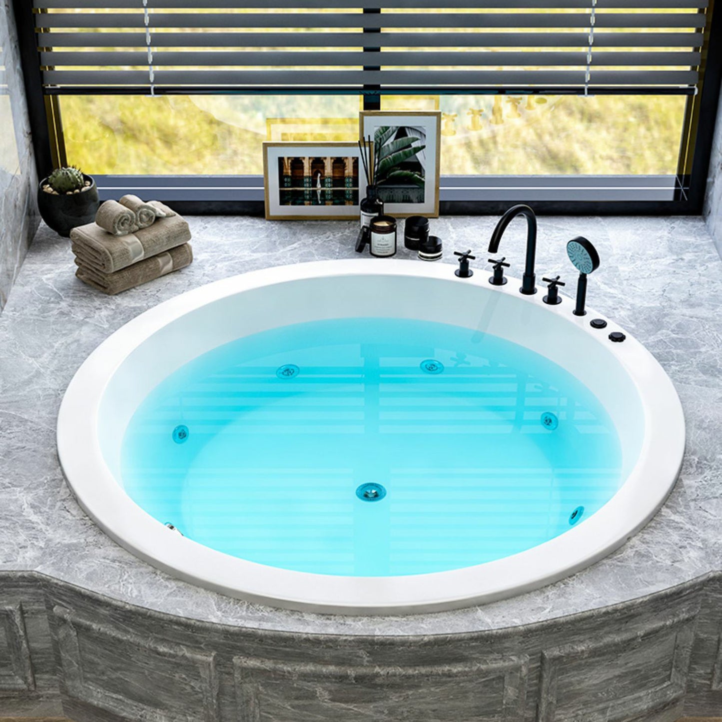 Modern Round Drop-in Bathtub Acrylic-Fiberglass Soaking/Air Bathtub 59"L x 59"W x 28"H Black Five-Piece Set & Massage Clearhalo 'Bathroom Remodel & Bathroom Fixtures' 'Bathtubs' 'Home Improvement' 'home_improvement' 'home_improvement_bathtubs' 'Showers & Bathtubs' 6176746