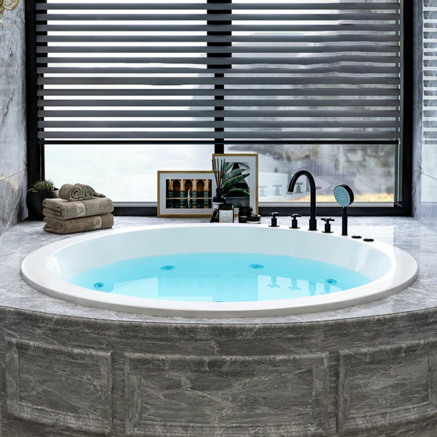 Modern Round Drop-in Bathtub Acrylic-Fiberglass Soaking/Air Bathtub 55"L x 55"W x 28"H Black Five-Piece Set & Massage Clearhalo 'Bathroom Remodel & Bathroom Fixtures' 'Bathtubs' 'Home Improvement' 'home_improvement' 'home_improvement_bathtubs' 'Showers & Bathtubs' 6176750