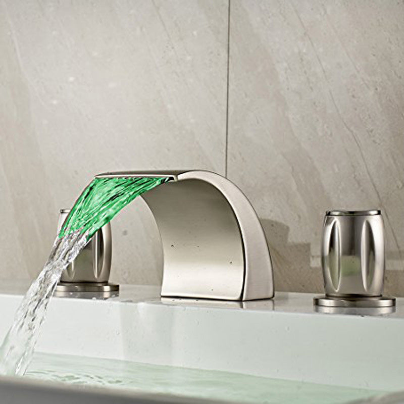 Double Handle Widespread Bathroom Faucet Modern LED Lavatory Faucet Green Ring Handle Clearhalo 'Bathroom Remodel & Bathroom Fixtures' 'Bathroom Sink Faucets' 'Bathroom Sinks & Faucet Components' 'bathroom_sink_faucets' 'Home Improvement' 'home_improvement' 'home_improvement_bathroom_sink_faucets' 6187455