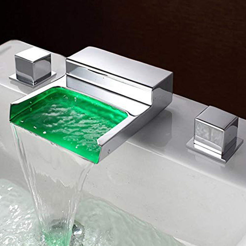 LED Widespread Lavatory Faucet Double Handle Bathroom Faucet Waterfall Spout Faucet Clearhalo 'Bathroom Remodel & Bathroom Fixtures' 'Bathroom Sink Faucets' 'Bathroom Sinks & Faucet Components' 'bathroom_sink_faucets' 'Home Improvement' 'home_improvement' 'home_improvement_bathroom_sink_faucets' 6187464