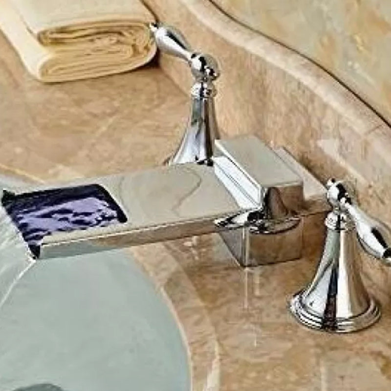 LED Widespread Lavatory Faucet Double Handle Bathroom Faucet Waterfall Spout Faucet Lever Handles Clearhalo 'Bathroom Remodel & Bathroom Fixtures' 'Bathroom Sink Faucets' 'Bathroom Sinks & Faucet Components' 'bathroom_sink_faucets' 'Home Improvement' 'home_improvement' 'home_improvement_bathroom_sink_faucets' 6187465