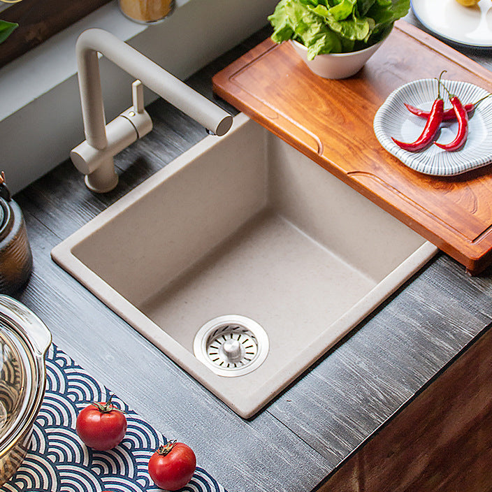 Stone Farmhouse Kitchen Sink Single Bowl Drop-In Sink with Basket Strainer Beige Sink with Faucet Straight Faucet Clearhalo 'Home Improvement' 'home_improvement' 'home_improvement_kitchen_sinks' 'Kitchen Remodel & Kitchen Fixtures' 'Kitchen Sinks & Faucet Components' 'Kitchen Sinks' 'kitchen_sinks' 6196168