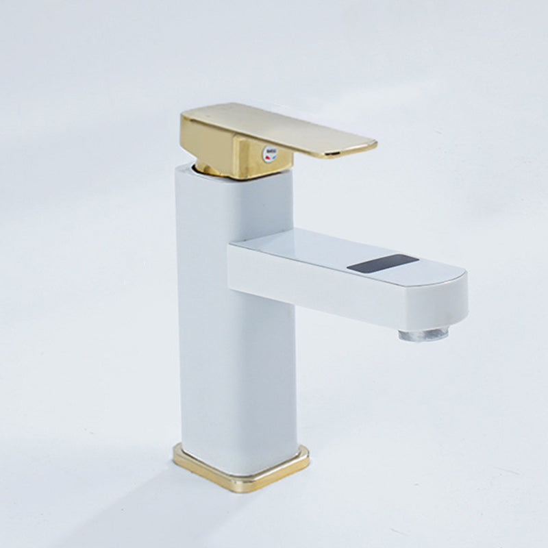 Contemporary Sink Faucet Digital Display Screen Solid Color Low Arc Sink Bathroom Faucet White-Gold 6.9" Clearhalo 'Bathroom Remodel & Bathroom Fixtures' 'Bathroom Sink Faucets' 'Bathroom Sinks & Faucet Components' 'bathroom_sink_faucets' 'Home Improvement' 'home_improvement' 'home_improvement_bathroom_sink_faucets' 6197164