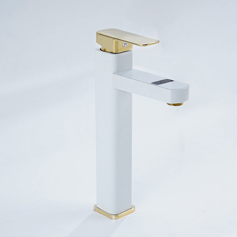 Contemporary Sink Faucet Digital Display Screen Solid Color Low Arc Sink Bathroom Faucet White-Gold 1.2" Clearhalo 'Bathroom Remodel & Bathroom Fixtures' 'Bathroom Sink Faucets' 'Bathroom Sinks & Faucet Components' 'bathroom_sink_faucets' 'Home Improvement' 'home_improvement' 'home_improvement_bathroom_sink_faucets' 6197179