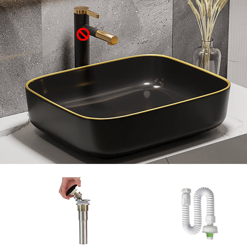 Modern Bathroom Sink Porcelain Pop-Up Drain Rectangular Vessel Bathroom Sink 19.7"L x 15.6"W x 5.5"H Black/ Gold Clearhalo 'Bathroom Remodel & Bathroom Fixtures' 'Bathroom Sinks & Faucet Components' 'Bathroom Sinks' 'bathroom_sink' 'Home Improvement' 'home_improvement' 'home_improvement_bathroom_sink' 6197585