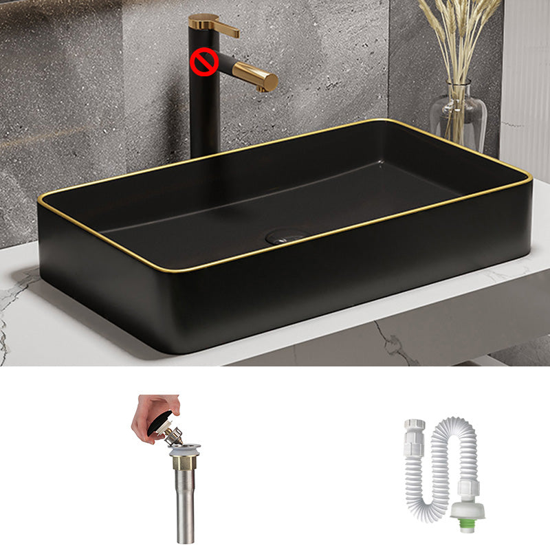 Modern Bathroom Sink Porcelain Pop-Up Drain Rectangular Vessel Bathroom Sink 24.4"L x 13.8"W x 4.3"H Black/ Gold Clearhalo 'Bathroom Remodel & Bathroom Fixtures' 'Bathroom Sinks & Faucet Components' 'Bathroom Sinks' 'bathroom_sink' 'Home Improvement' 'home_improvement' 'home_improvement_bathroom_sink' 6197596