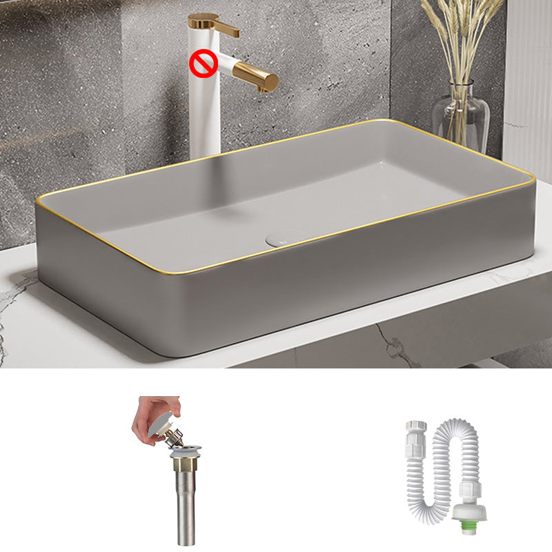 Modern Bathroom Sink Porcelain Pop-Up Drain Rectangular Vessel Bathroom Sink 24.4"L x 13.8"W x 4.3"H Grey/ Gold Clearhalo 'Bathroom Remodel & Bathroom Fixtures' 'Bathroom Sinks & Faucet Components' 'Bathroom Sinks' 'bathroom_sink' 'Home Improvement' 'home_improvement' 'home_improvement_bathroom_sink' 6197597