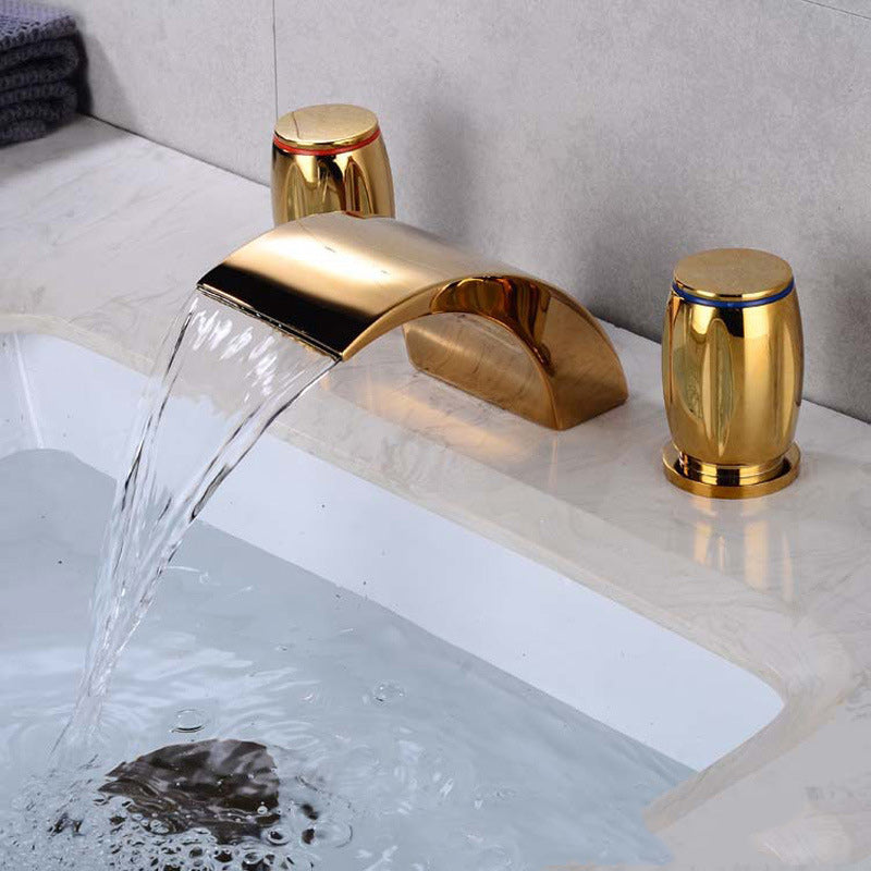 Modern Style Faucet Widespread Sink Faucet with 2 Handles and LED Light Gold Clearhalo 'Bathroom Remodel & Bathroom Fixtures' 'Bathroom Sink Faucets' 'Bathroom Sinks & Faucet Components' 'bathroom_sink_faucets' 'Home Improvement' 'home_improvement' 'home_improvement_bathroom_sink_faucets' 6198254
