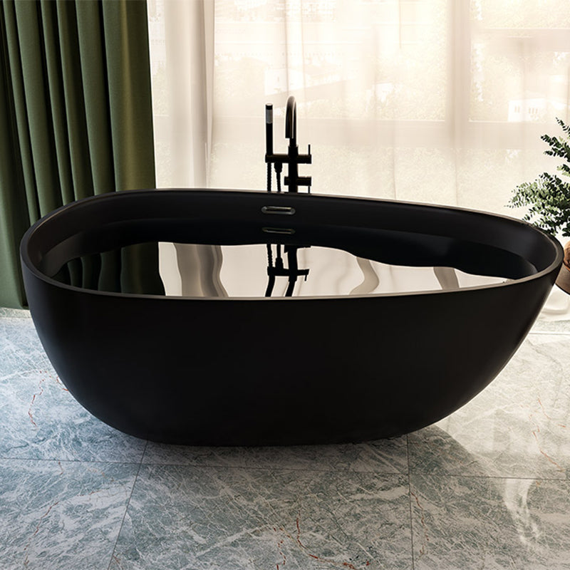 Acrylic-Fiberglass Oval Bathtub Contemporary Soaking Bathtub with Drain and Overflow Trim Black Tub with Freestanding Tub Fillers Clearhalo 'Bathroom Remodel & Bathroom Fixtures' 'Bathtubs' 'Home Improvement' 'home_improvement' 'home_improvement_bathtubs' 'Showers & Bathtubs' 6201067