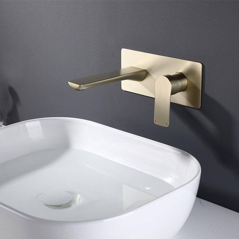 Contemporary Style Faucets Wall Mounted Faucets with Lever Handles Gold Clearhalo 'Bathroom Remodel & Bathroom Fixtures' 'Bathroom Sink Faucets' 'Bathroom Sinks & Faucet Components' 'bathroom_sink_faucets' 'Home Improvement' 'home_improvement' 'home_improvement_bathroom_sink_faucets' 6211526