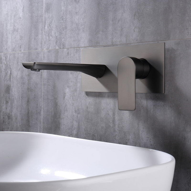 Contemporary Style Faucets Wall Mounted Faucets with Lever Handles Smoke Gray Clearhalo 'Bathroom Remodel & Bathroom Fixtures' 'Bathroom Sink Faucets' 'Bathroom Sinks & Faucet Components' 'bathroom_sink_faucets' 'Home Improvement' 'home_improvement' 'home_improvement_bathroom_sink_faucets' 6211527