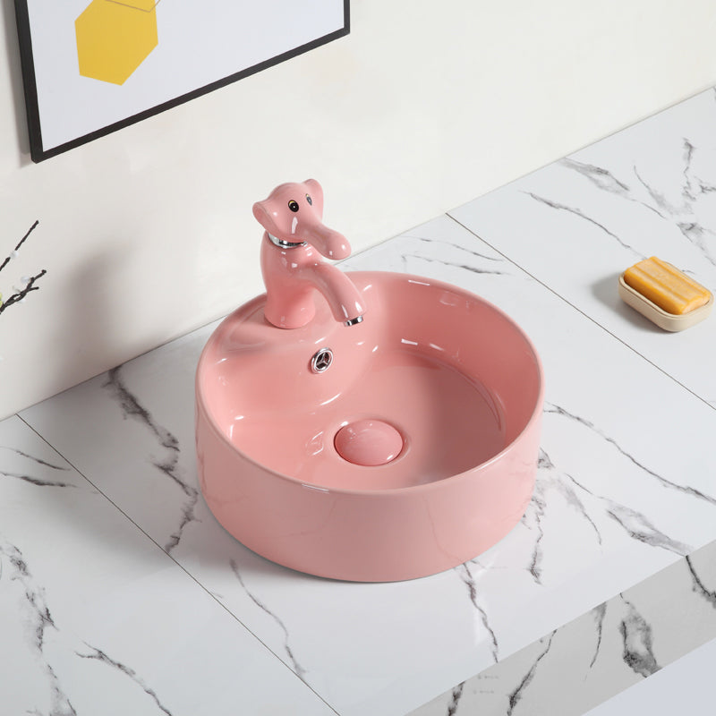 Contemporary Bathroom Sink Pop-Up Drain Porcelain Round Vessel Bathroom Sink Pink Sink with Faucet Clearhalo 'Bathroom Remodel & Bathroom Fixtures' 'Bathroom Sinks & Faucet Components' 'Bathroom Sinks' 'bathroom_sink' 'Home Improvement' 'home_improvement' 'home_improvement_bathroom_sink' 6211970