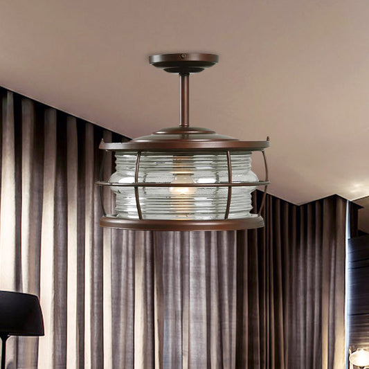 Drum Shade Ribbed Glass Semi Mount Lighting Retro Style 1 Bulb Dining Room Lamping in Copper Clearhalo 'Ceiling Lights' 'Chandeliers' 'Close To Ceiling Lights' 'Close to ceiling' 'Glass shade' 'Glass' 'Semi-flushmount' Lighting' 622077