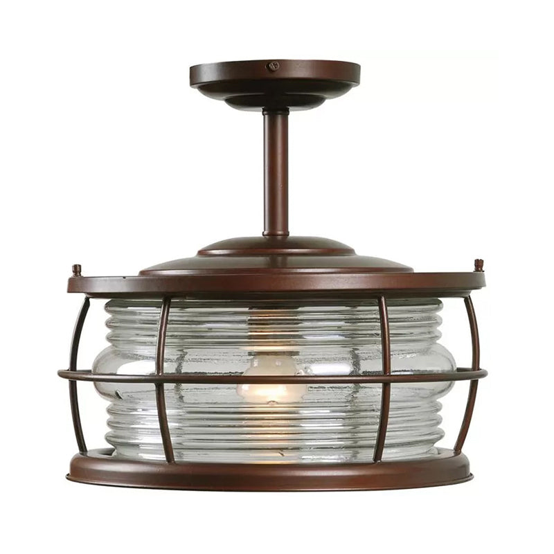 Drum Shade Ribbed Glass Semi Mount Lighting Retro Style 1 Bulb Dining Room Lamping in Copper Clearhalo 'Ceiling Lights' 'Chandeliers' 'Close To Ceiling Lights' 'Close to ceiling' 'Glass shade' 'Glass' 'Semi-flushmount' Lighting' 622079