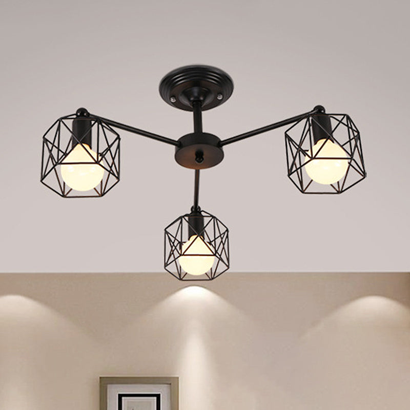 3/5 Bulbs Semi Flush Light with Geometric Cage Shade Iron Industrial Retro Living Room Ceiling Lamp in Black 3 Black Clearhalo 'Ceiling Lights' 'Close To Ceiling Lights' 'Close to ceiling' 'Semi-flushmount' Lighting' 622081