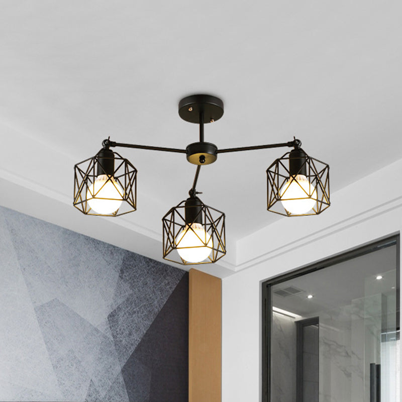 3/5 Bulbs Semi Flush Light with Geometric Cage Shade Iron Industrial Retro Living Room Ceiling Lamp in Black Clearhalo 'Ceiling Lights' 'Close To Ceiling Lights' 'Close to ceiling' 'Semi-flushmount' Lighting' 622082