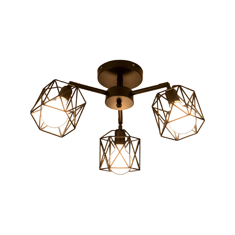 3/5 Bulbs Semi Flush Light with Geometric Cage Shade Iron Industrial Retro Living Room Ceiling Lamp in Black Clearhalo 'Ceiling Lights' 'Close To Ceiling Lights' 'Close to ceiling' 'Semi-flushmount' Lighting' 622084