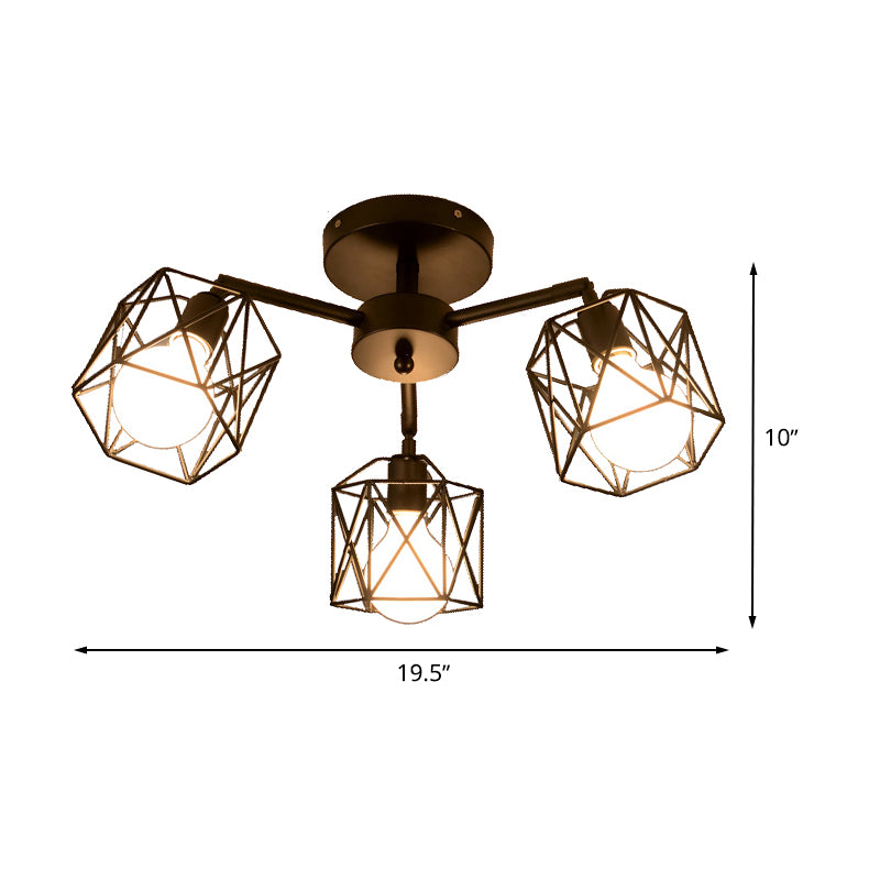 3/5 Bulbs Semi Flush Light with Geometric Cage Shade Iron Industrial Retro Living Room Ceiling Lamp in Black Clearhalo 'Ceiling Lights' 'Close To Ceiling Lights' 'Close to ceiling' 'Semi-flushmount' Lighting' 622085