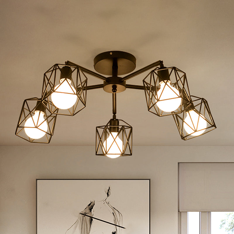 3/5 Bulbs Semi Flush Light with Geometric Cage Shade Iron Industrial Retro Living Room Ceiling Lamp in Black 5 Black Clearhalo 'Ceiling Lights' 'Close To Ceiling Lights' 'Close to ceiling' 'Semi-flushmount' Lighting' 622086