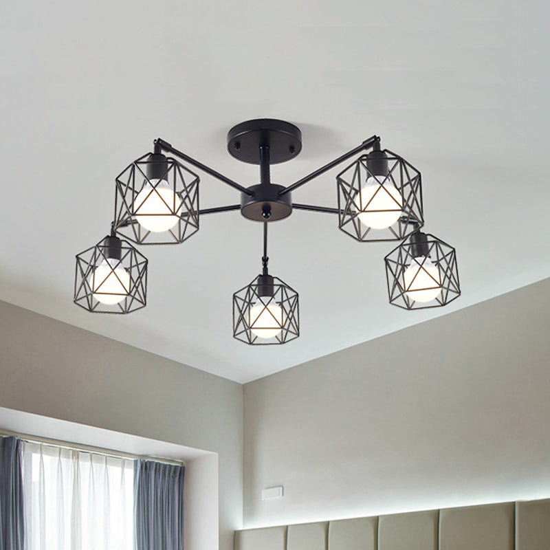 3/5 Bulbs Semi Flush Light with Geometric Cage Shade Iron Industrial Retro Living Room Ceiling Lamp in Black Clearhalo 'Ceiling Lights' 'Close To Ceiling Lights' 'Close to ceiling' 'Semi-flushmount' Lighting' 622087