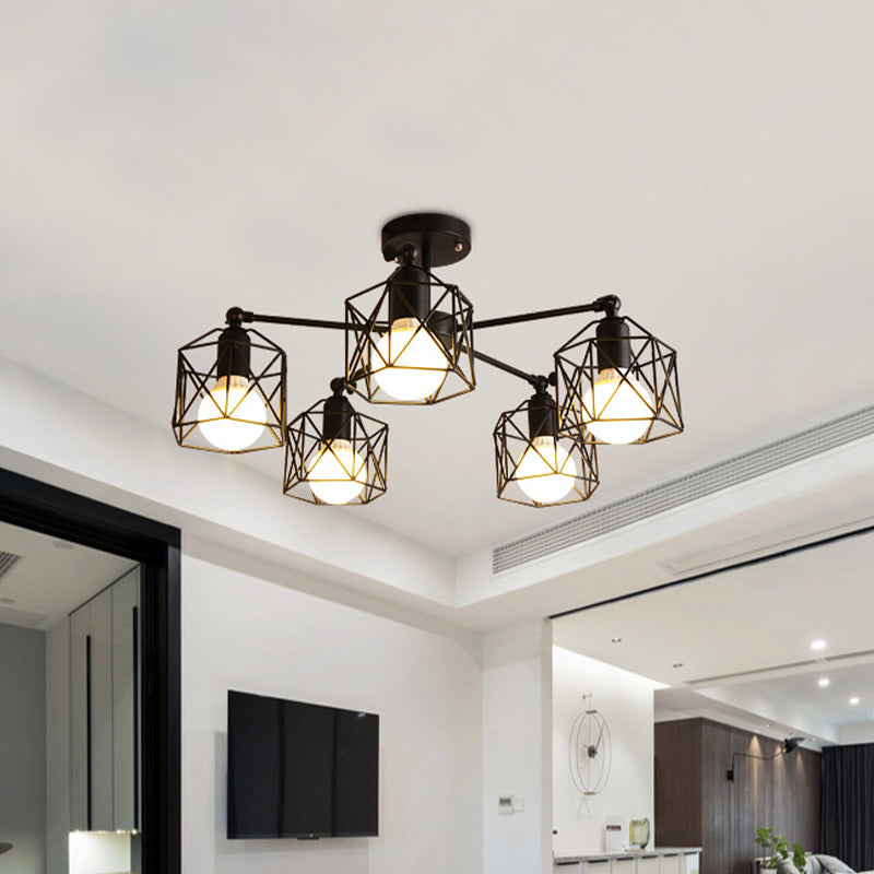 3/5 Bulbs Semi Flush Light with Geometric Cage Shade Iron Industrial Retro Living Room Ceiling Lamp in Black Clearhalo 'Ceiling Lights' 'Close To Ceiling Lights' 'Close to ceiling' 'Semi-flushmount' Lighting' 622088