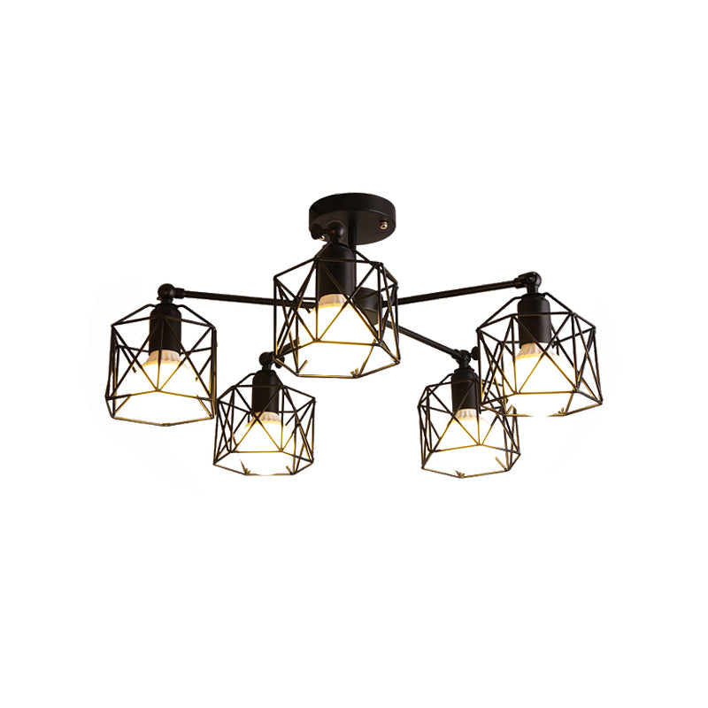 3/5 Bulbs Semi Flush Light with Geometric Cage Shade Iron Industrial Retro Living Room Ceiling Lamp in Black Clearhalo 'Ceiling Lights' 'Close To Ceiling Lights' 'Close to ceiling' 'Semi-flushmount' Lighting' 622089