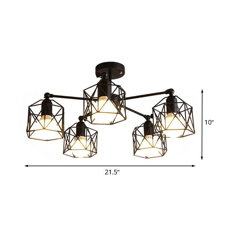 3/5 Bulbs Semi Flush Light with Geometric Cage Shade Iron Industrial Retro Living Room Ceiling Lamp in Black Clearhalo 'Ceiling Lights' 'Close To Ceiling Lights' 'Close to ceiling' 'Semi-flushmount' Lighting' 622090