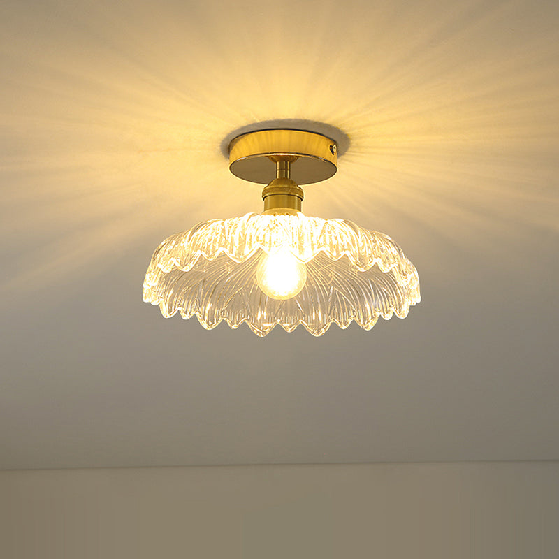 1 Light Ceiling Light Fixture with Bowl/Barn/Flower Shade Clear Textured Glass Industrial Corridor Semi Flush Clearhalo 'Ceiling Lights' 'Close To Ceiling Lights' 'Close to ceiling' 'Glass shade' 'Glass' 'Pendant Lights' 'Semi-flushmount' Lighting' 622148