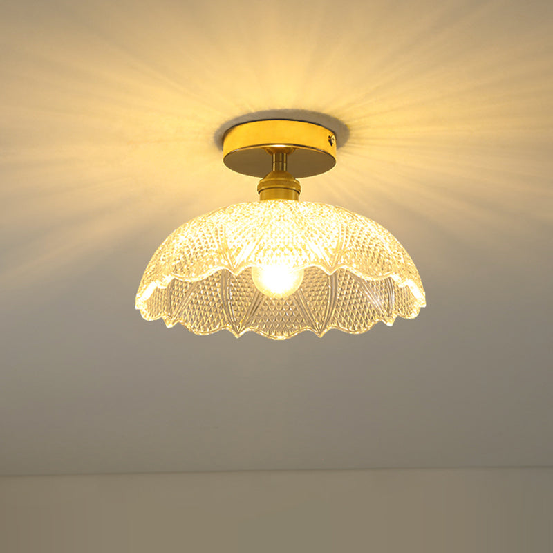 1 Light Ceiling Light Fixture with Bowl/Barn/Flower Shade Clear Textured Glass Industrial Corridor Semi Flush Clearhalo 'Ceiling Lights' 'Close To Ceiling Lights' 'Close to ceiling' 'Glass shade' 'Glass' 'Pendant Lights' 'Semi-flushmount' Lighting' 622153