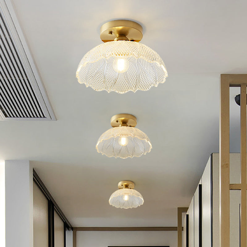 1 Light Ceiling Light Fixture with Bowl/Barn/Flower Shade Clear Textured Glass Industrial Corridor Semi Flush Clearhalo 'Ceiling Lights' 'Close To Ceiling Lights' 'Close to ceiling' 'Glass shade' 'Glass' 'Pendant Lights' 'Semi-flushmount' Lighting' 622154
